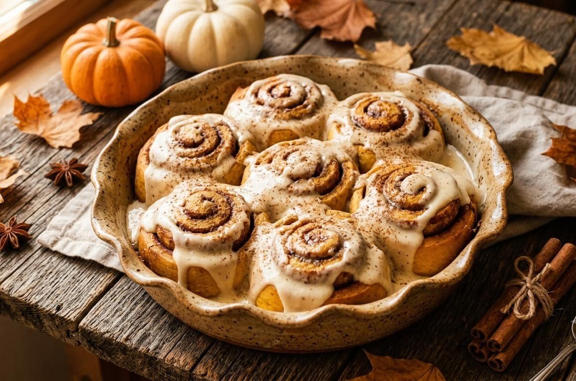 pan of pumpkin spice sourdough cinnamon rolls, surrounded by mini pumpkin cinnamon sticks